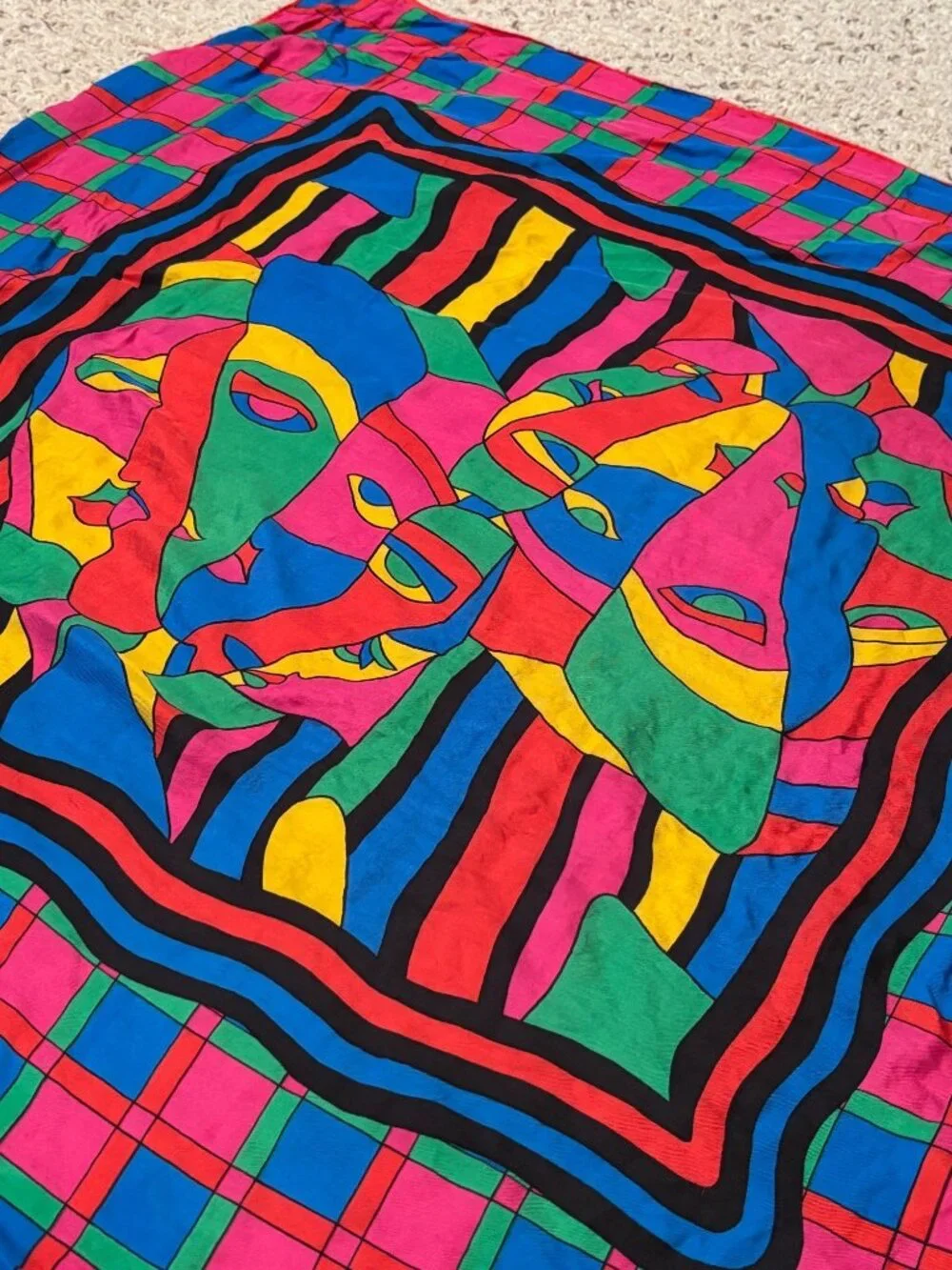 Elaine Gold Vintage Multicolor Abstract Face Silk Scarf 30